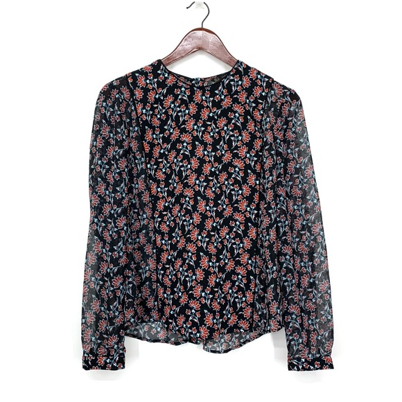 Zara Dark Floral Sheer Long Sleeve Blouse High Crewneck Button Down Back Size M - Picture 2 of 15